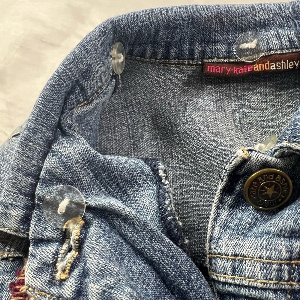 Mary Kate Ashley Girls 5 Denim Jean Jacket Y2K Boho Embroidered Flower Knit Trim - Picture 7 of 11